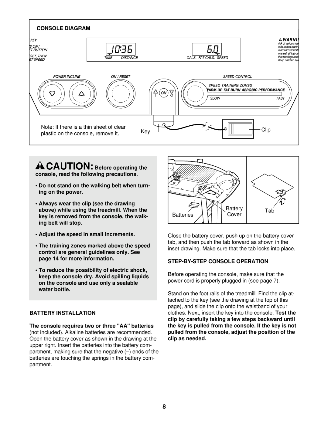 ProForm 831.291710 Console Diagram, Adjust the speed in small increments, for more information, Battery Installation 