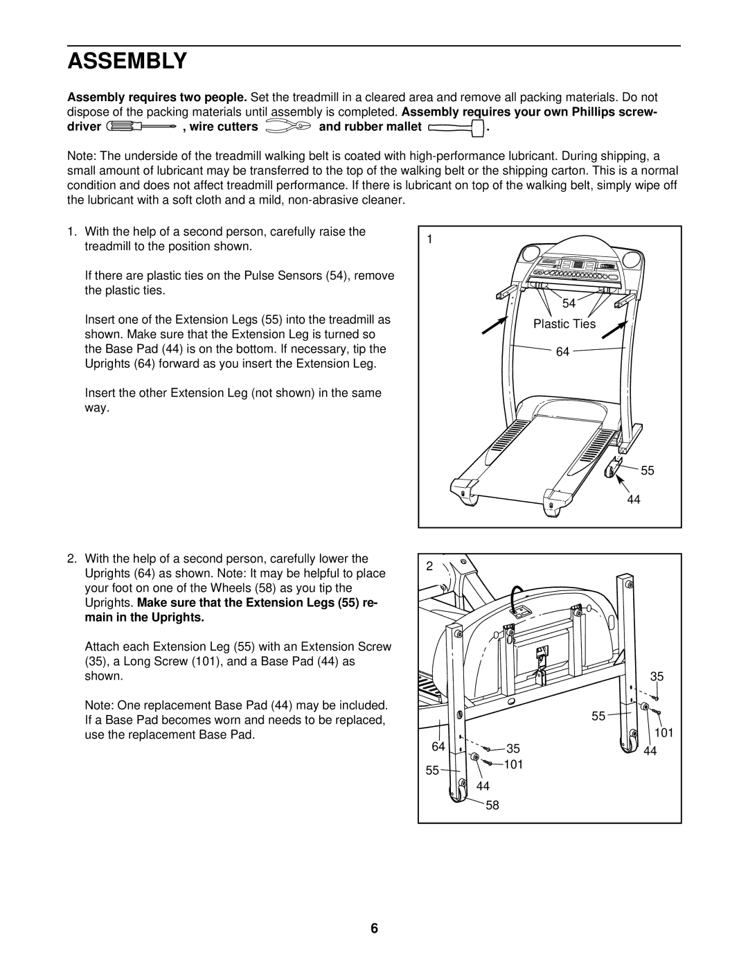 ProForm 831.291760 user manual Assembly, Driver Wire cutters, Insert the other Extension Leg not shown in the same way, 101 