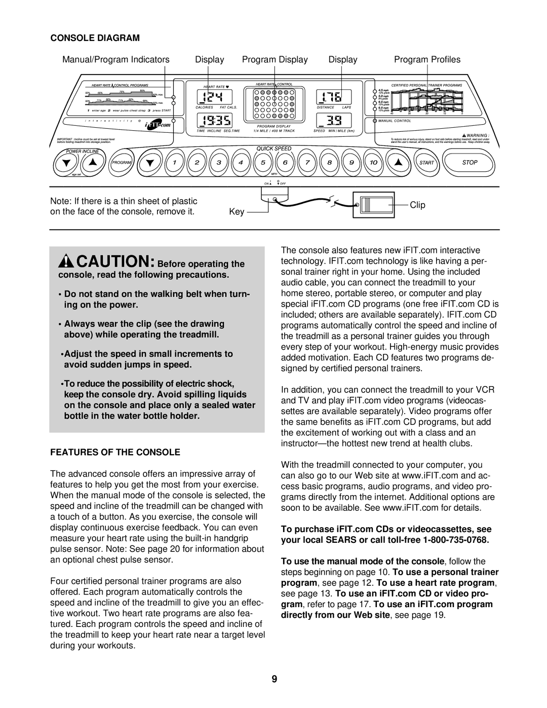 ProForm 831.291761 user manual Console Diagram, To reduce the possibility of electric shock, Features of the Console 