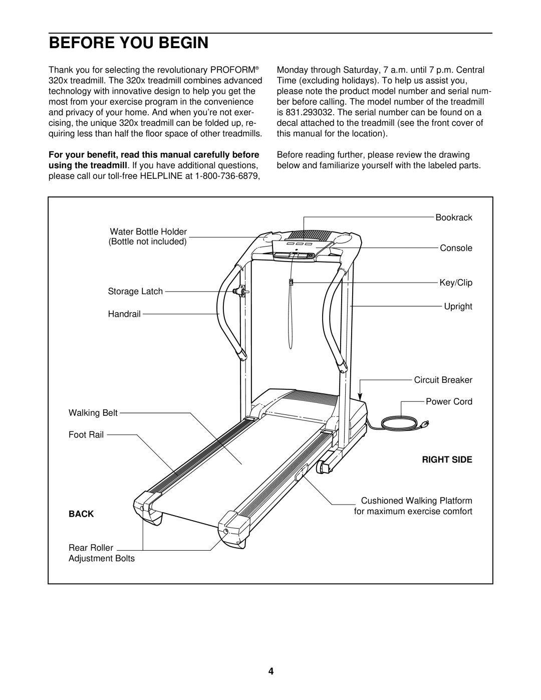 ProForm 831.293032 user manual Before YOU Begin, Using the treadmill, Right Side, Back 