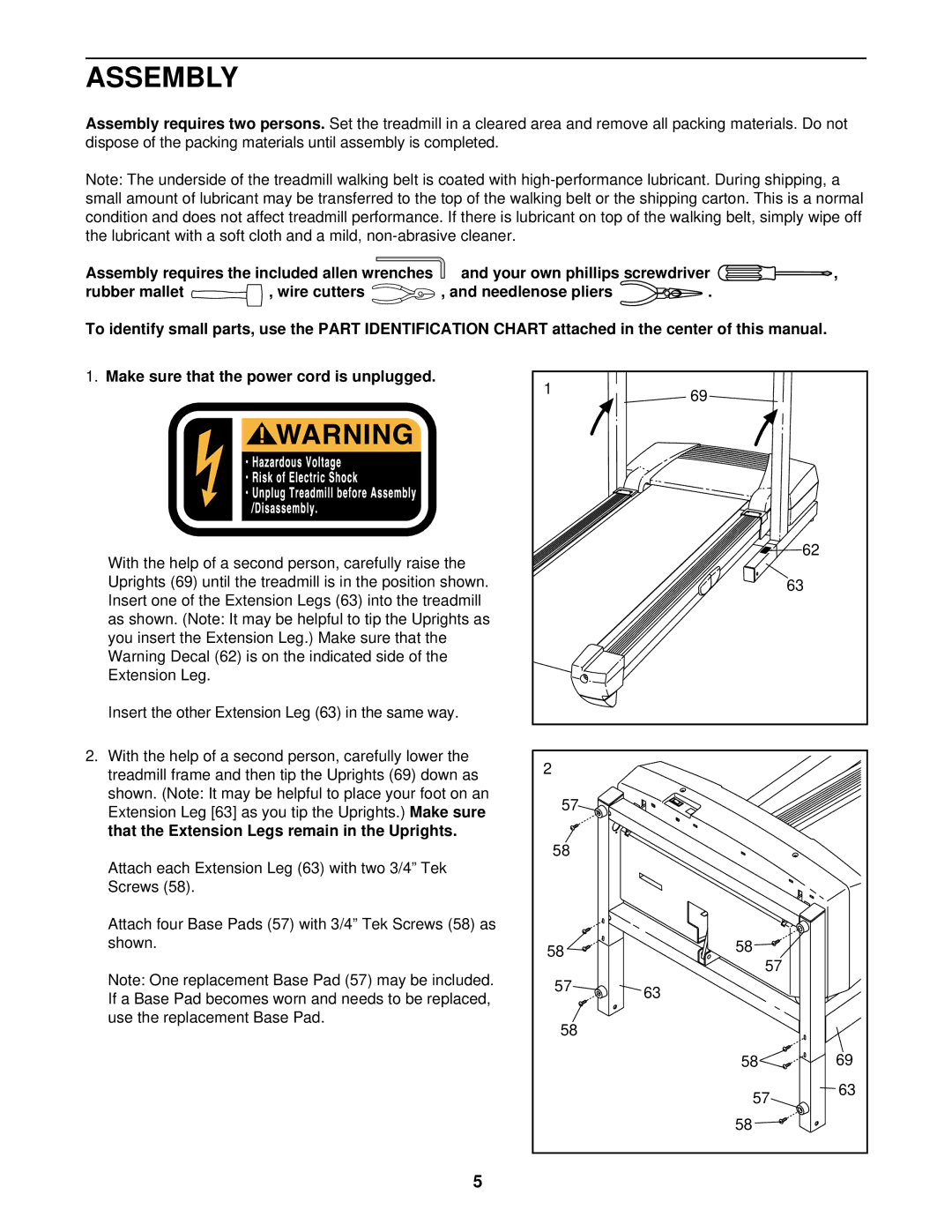 ProForm 831.293032 user manual Assembly, Rubber mallet Wire cutters, Ension Leg 63 in the same way 