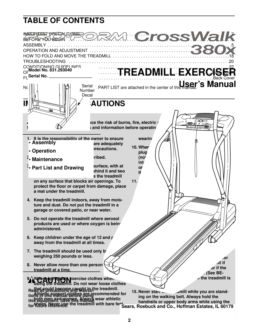 ProForm 831.293040 user manual Table of Contents, Important Precautions 