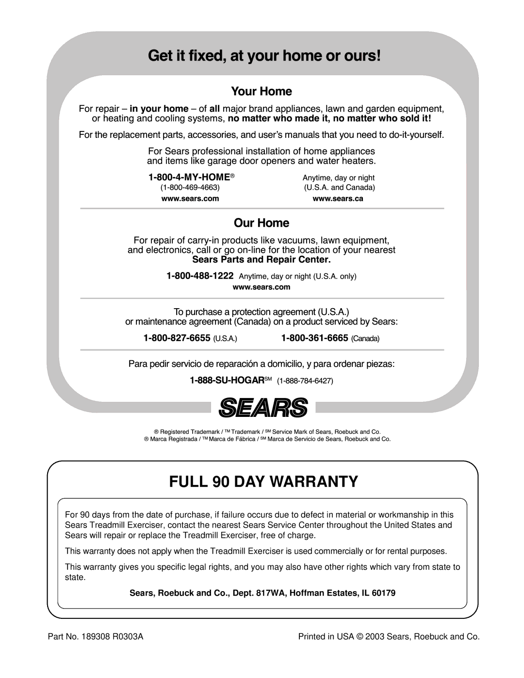 ProForm 831.293040 user manual Full 90 DAY Warranty, Sears, Roebuck and Co., Dept WA, Hoffman Estates, IL 