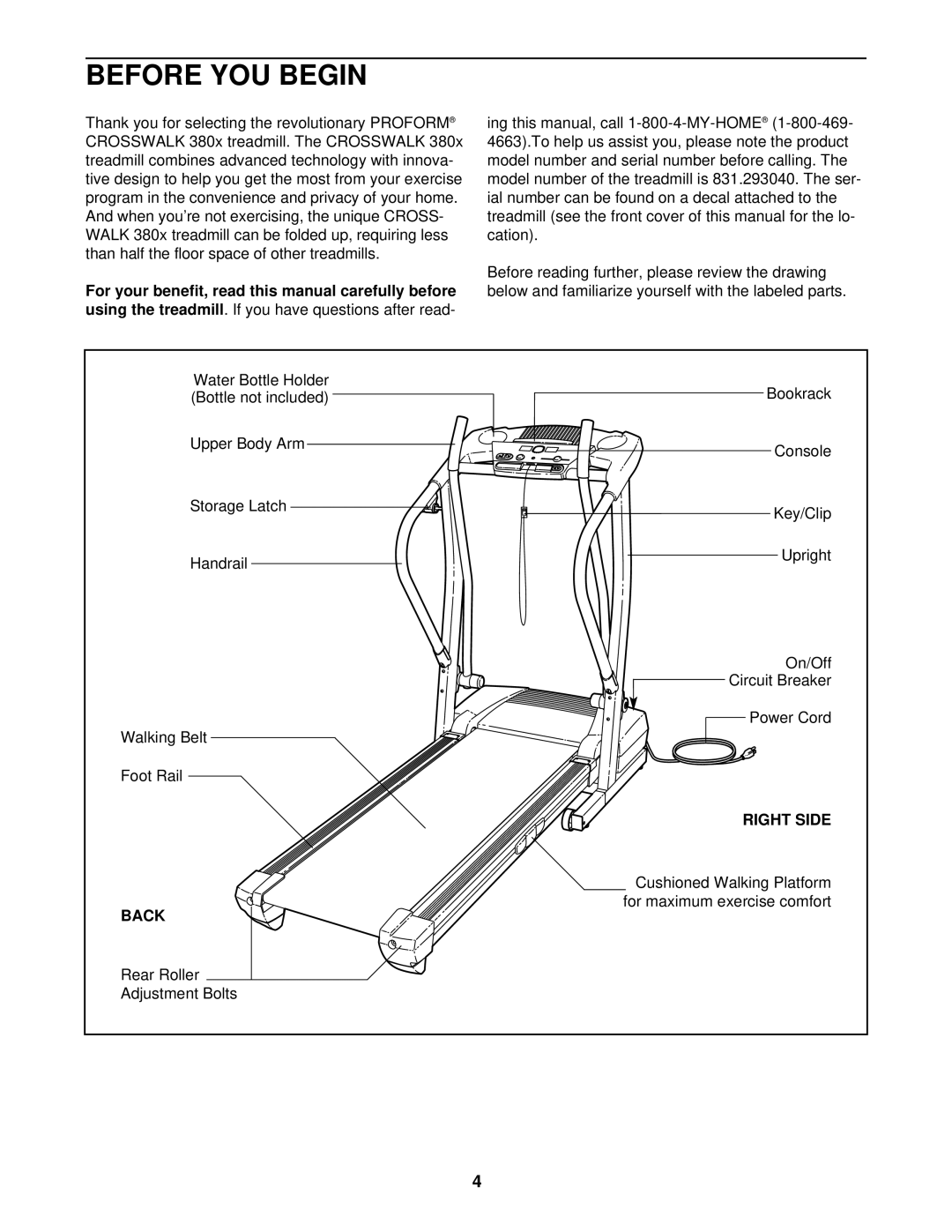 ProForm 831.293040 user manual Before YOU Begin, Right Side, Back 