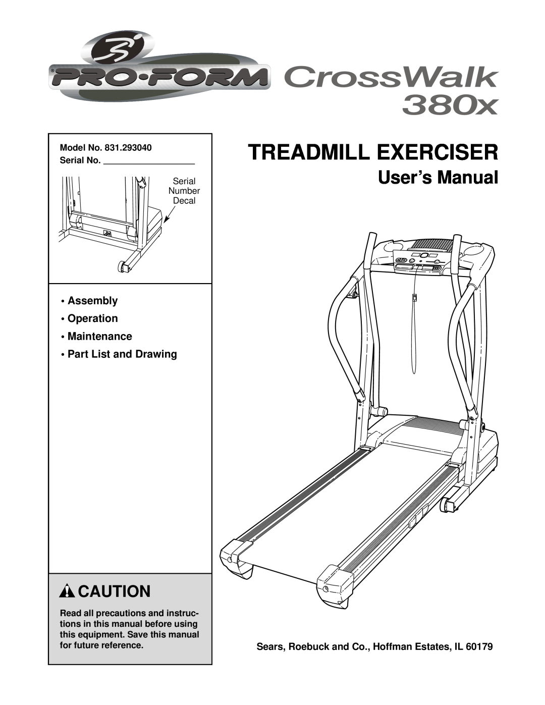 ProForm 831.293040 user manual Model No Serial No, Treadmill Exerciser, User’s Manual 