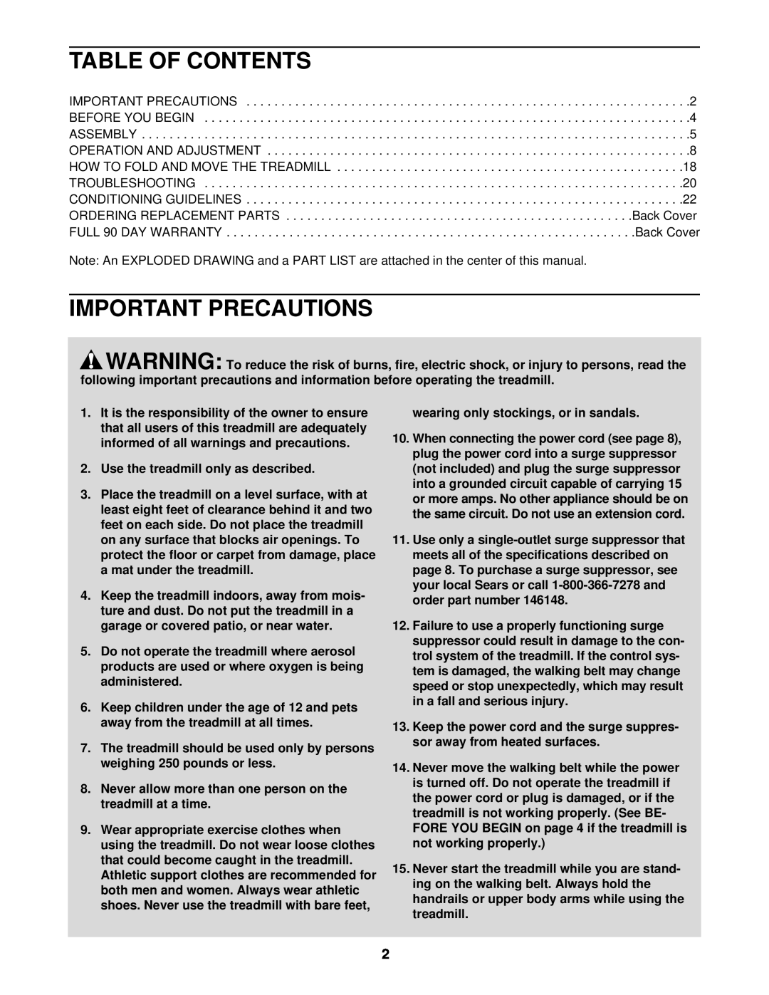 ProForm 831.293040 user manual Table Of Contents, Important Precautions, Use the treadmill only as described 