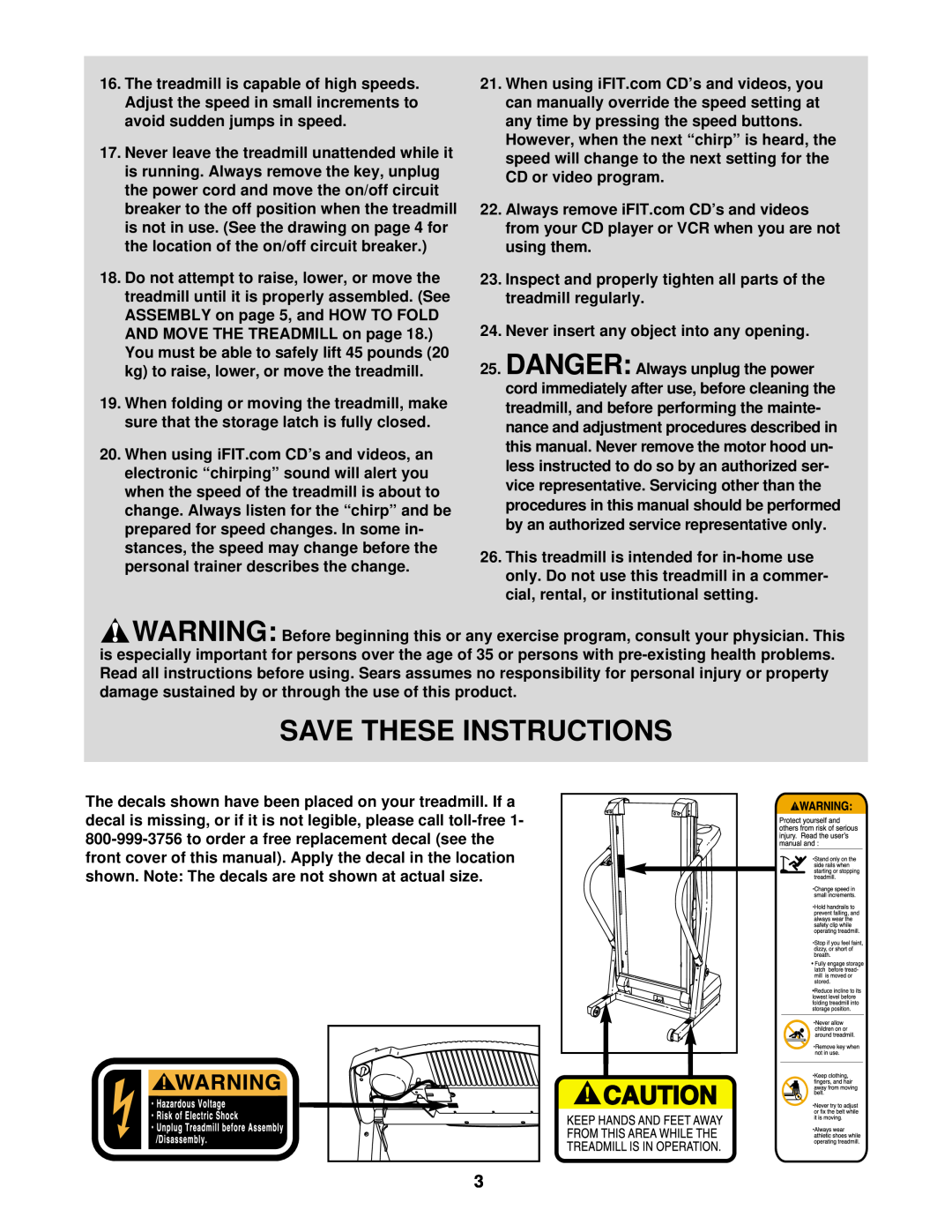 ProForm 831.293040 user manual Save These Instructions, Inspect and properly tighten all parts of the treadmill regularly 