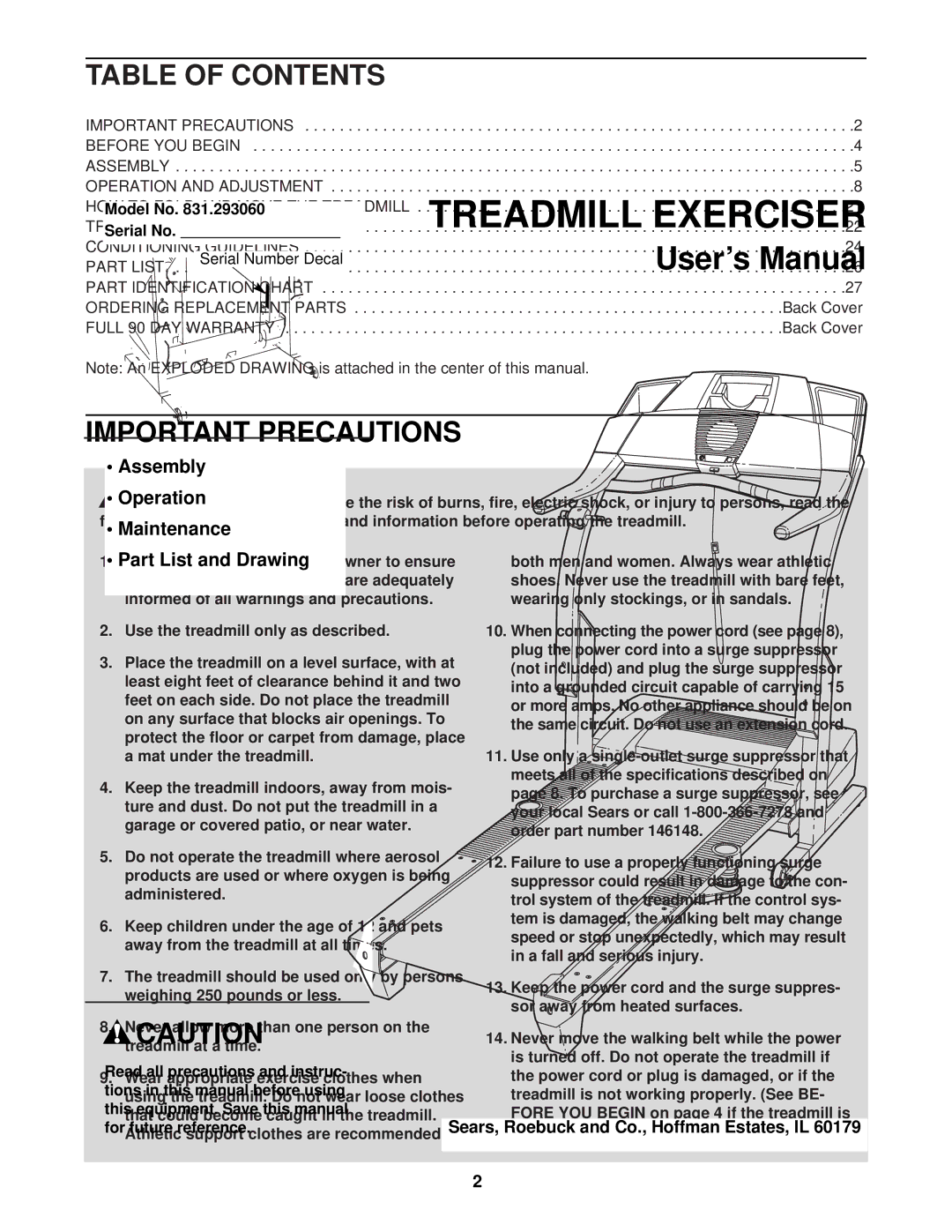 ProForm 831.293060 user manual Table of Contents, Important Precautions 