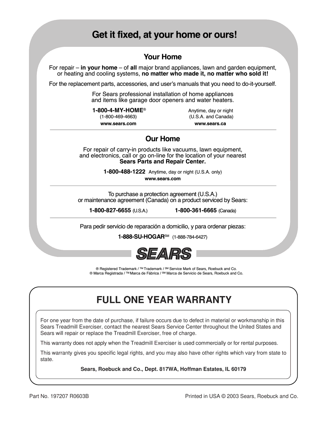 ProForm 831.293060 user manual Full ONE Year Warranty, Sears, Roebuck and Co., Dept WA, Hoffman Estates, IL 