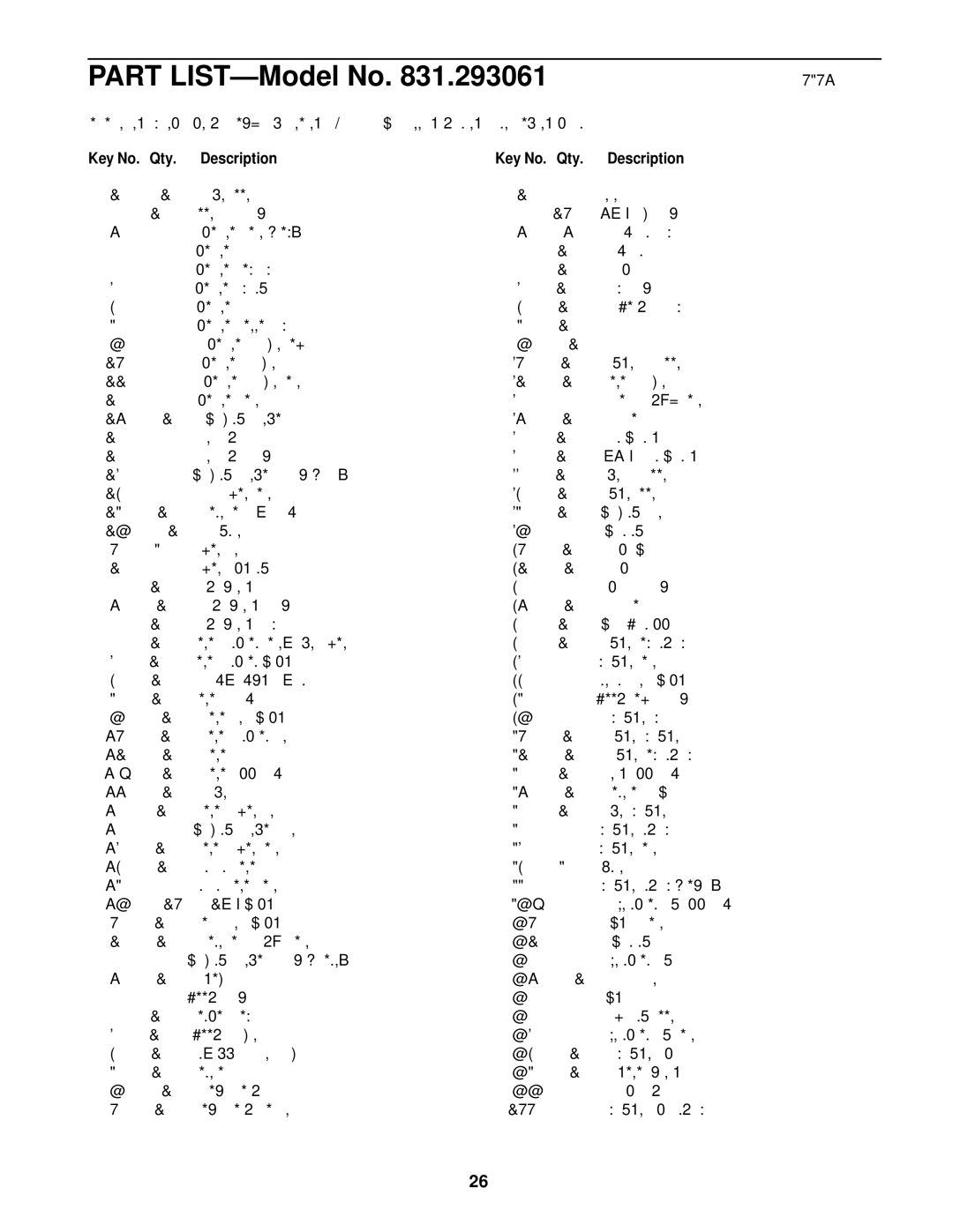 ProForm 831.293061 user manual Description Key No. Qty, Washer 