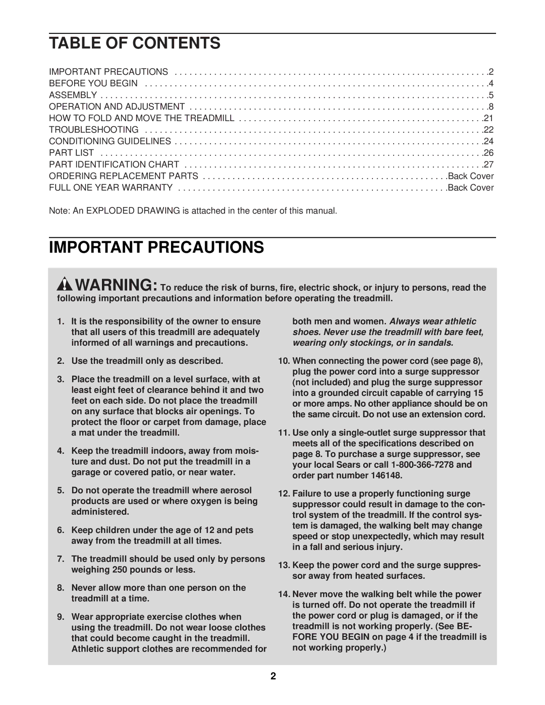 ProForm 831.293062 user manual Table of Contents, Important Precautions 