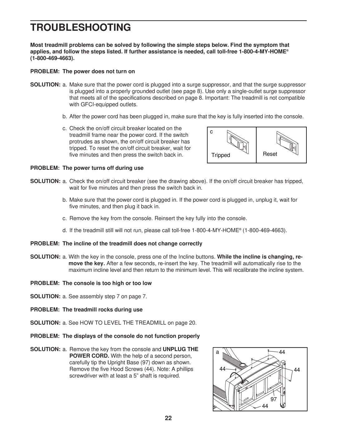 ProForm 831.293062 user manual Troubleshooting, Solution, Power Cord 