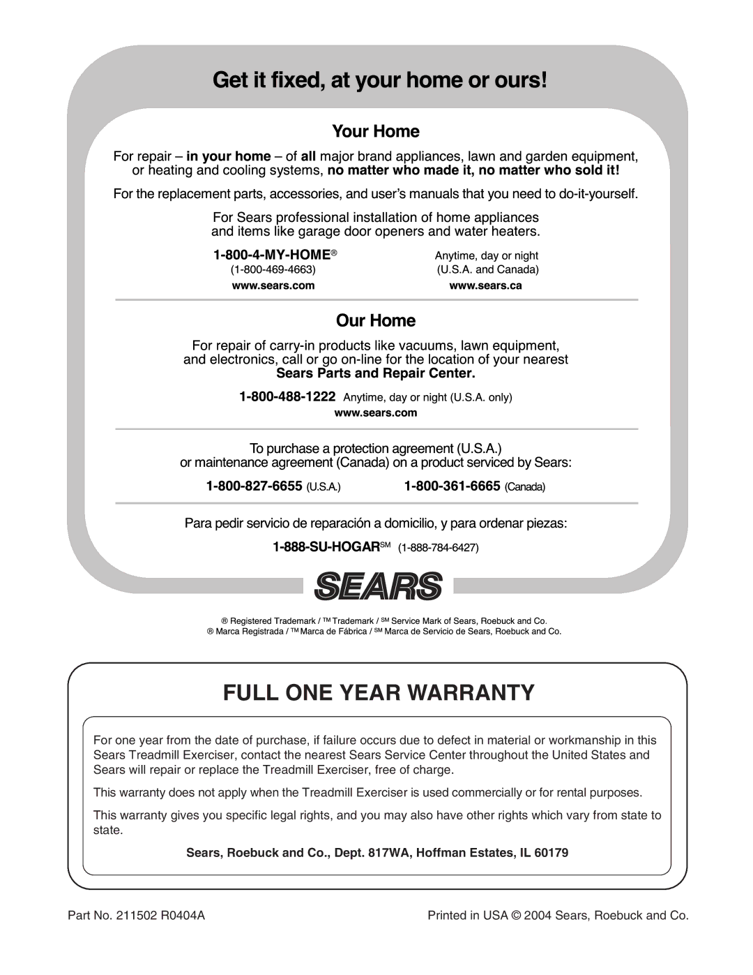 ProForm 831.293063 user manual Full ONE Year Warranty, Sears, Roebuck and Co., Dept WA, Hoffman Estates, IL 