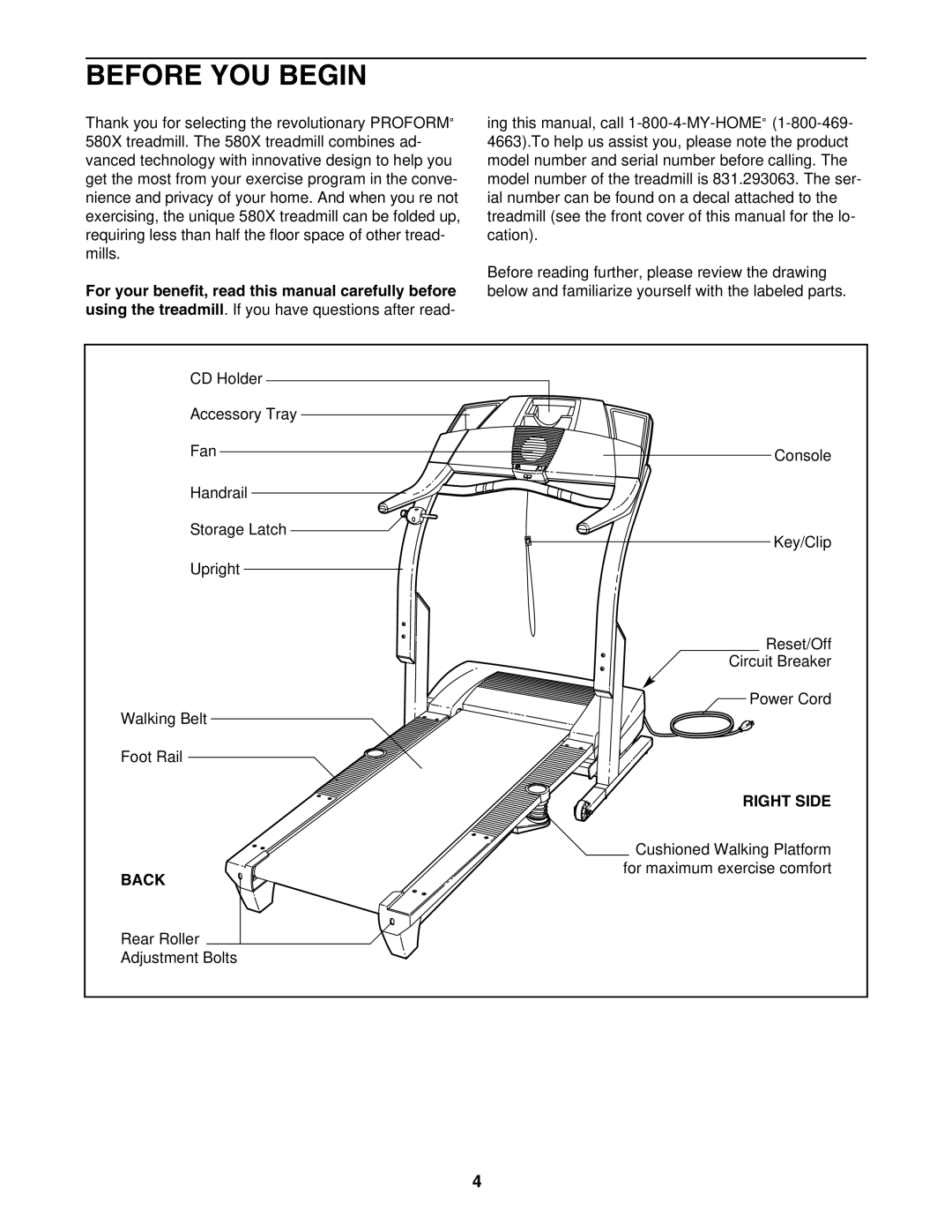 ProForm 831.293063 user manual Before YOU Begin, Right Side, Back 