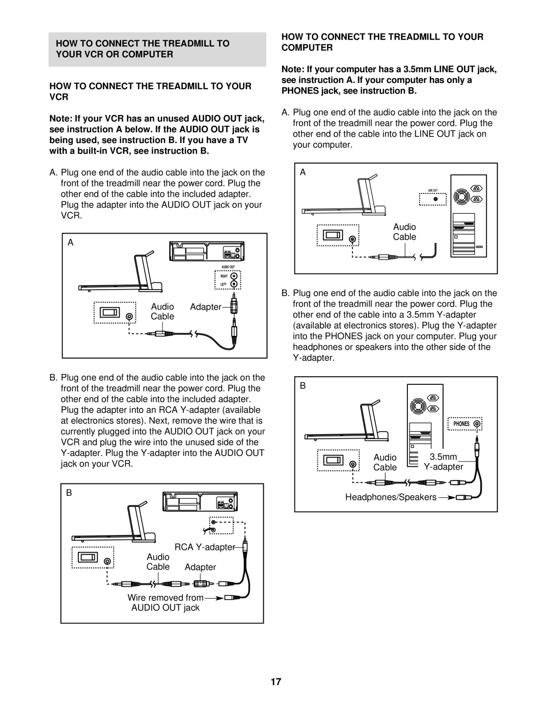 ProForm 831.293200 user manual HOW to Connect the Treadmill to Your VCR or Computer, Audio Adapter Cable 