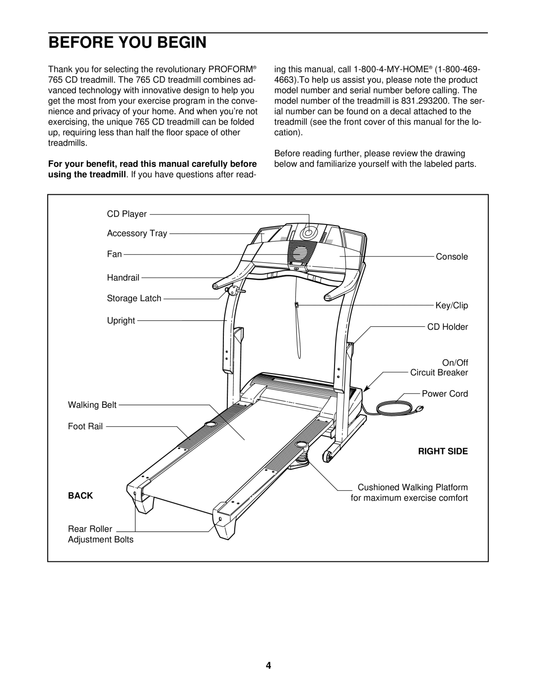 ProForm 831.293200 user manual Before YOU Begin, Right Side, Back 