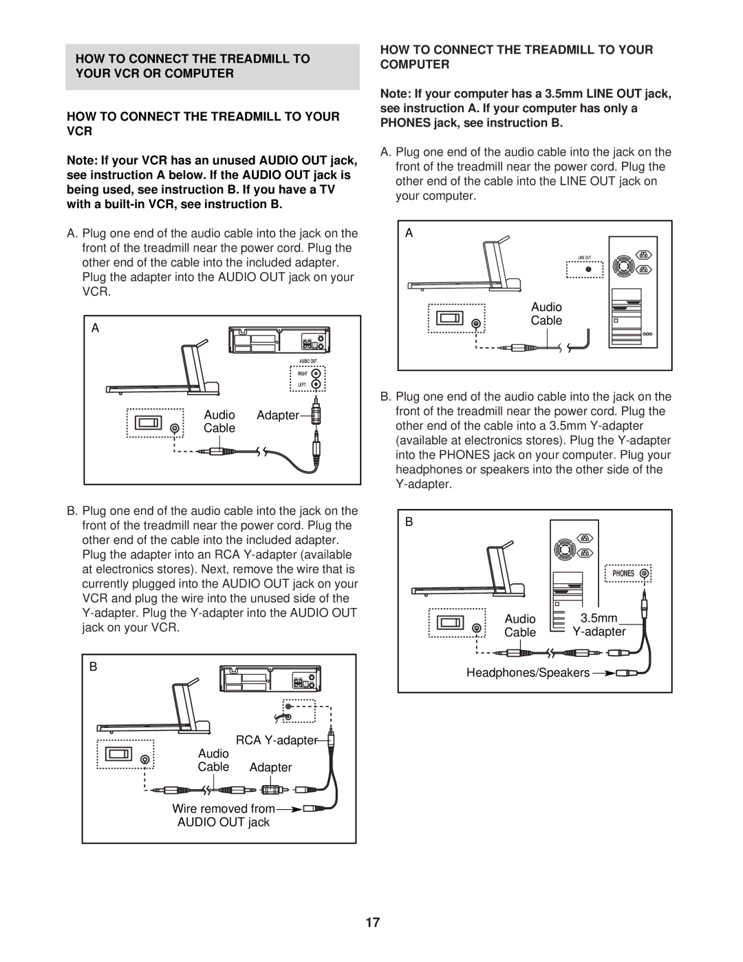 ProForm 831.293201 user manual HOW to Connect the Treadmill to Your VCR or Computer, Audio Adapter Cable 