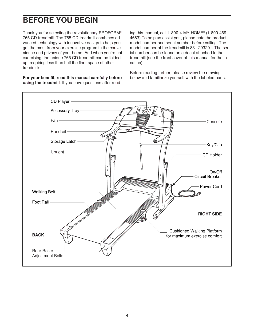 ProForm 831.293201 user manual Before YOU Begin, Using the treadmill, Right Side, Back 