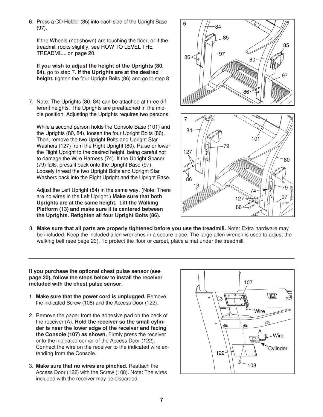 ProForm 831.293201 user manual Uprights. Retighten all four Upright Bolts, Console 107 as shown 