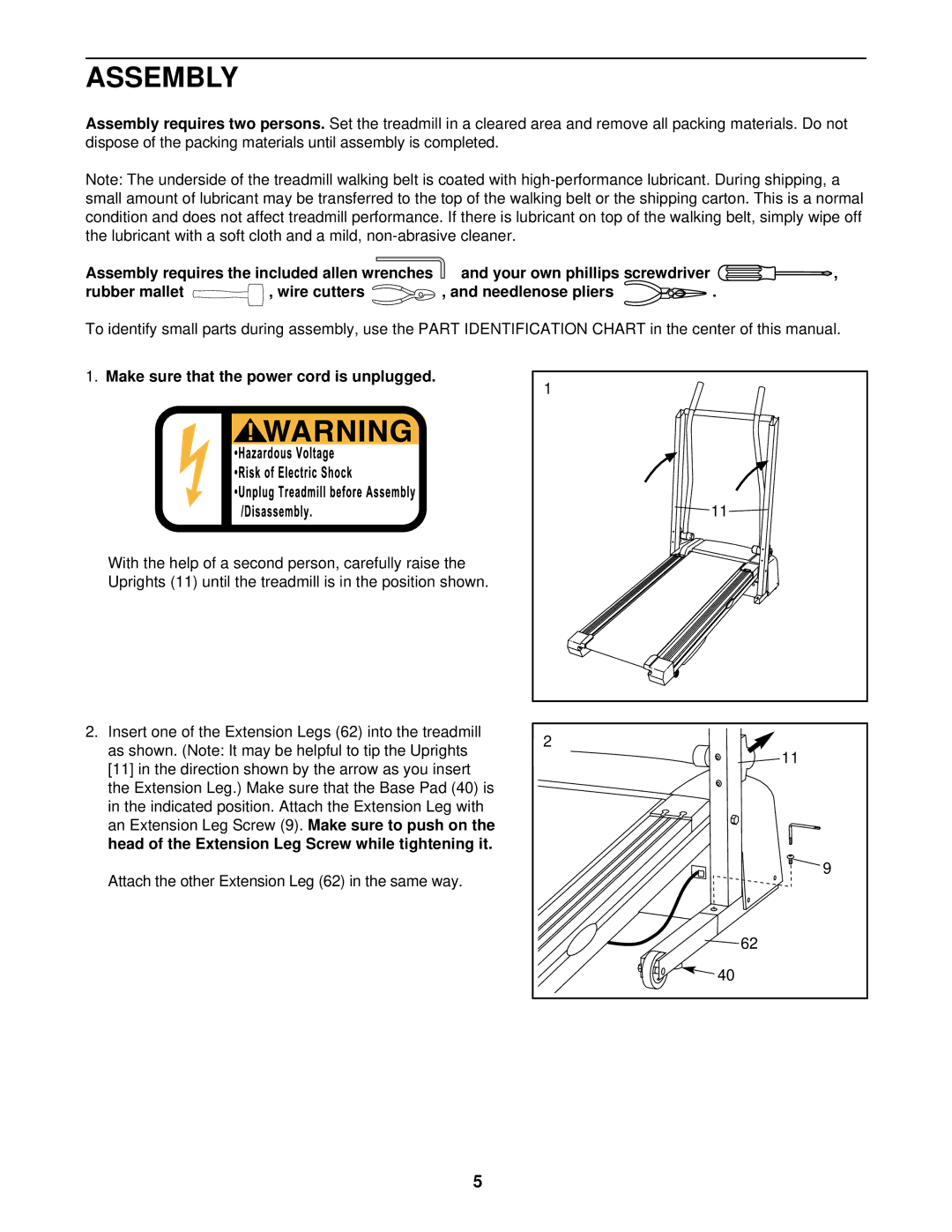 ProForm 831.293230 Assembly, Rubber mallet Wire cutters, Make sure that the power cord is unplugged, While tightening it 