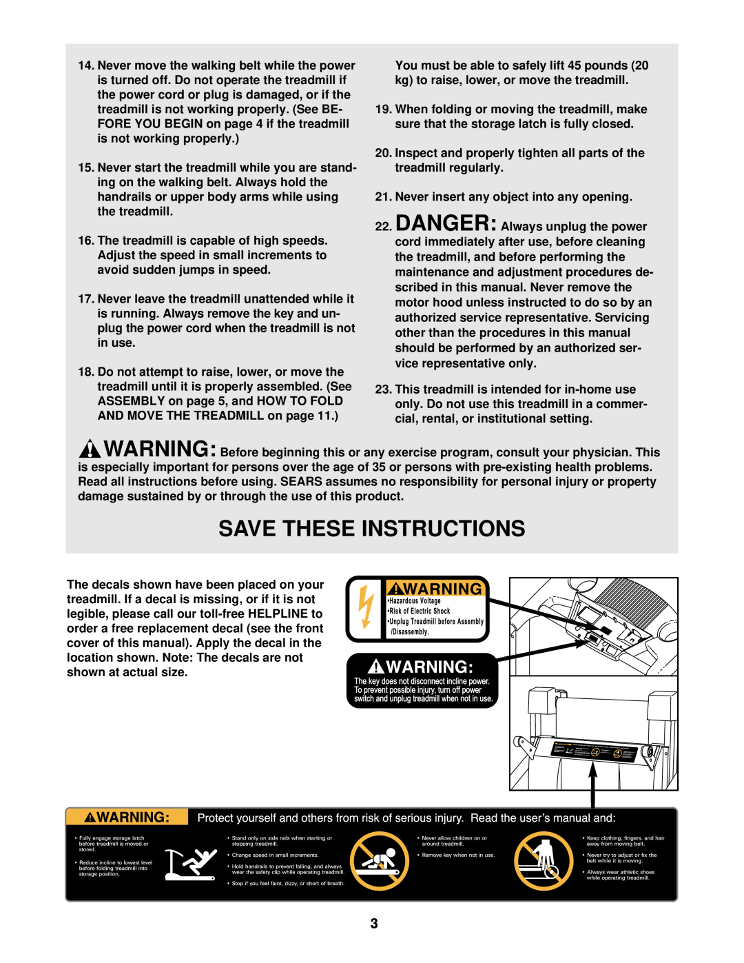 ProForm 831.293230 user manual Save These Instructions, Never leave the treadmill unattended while it, in use 