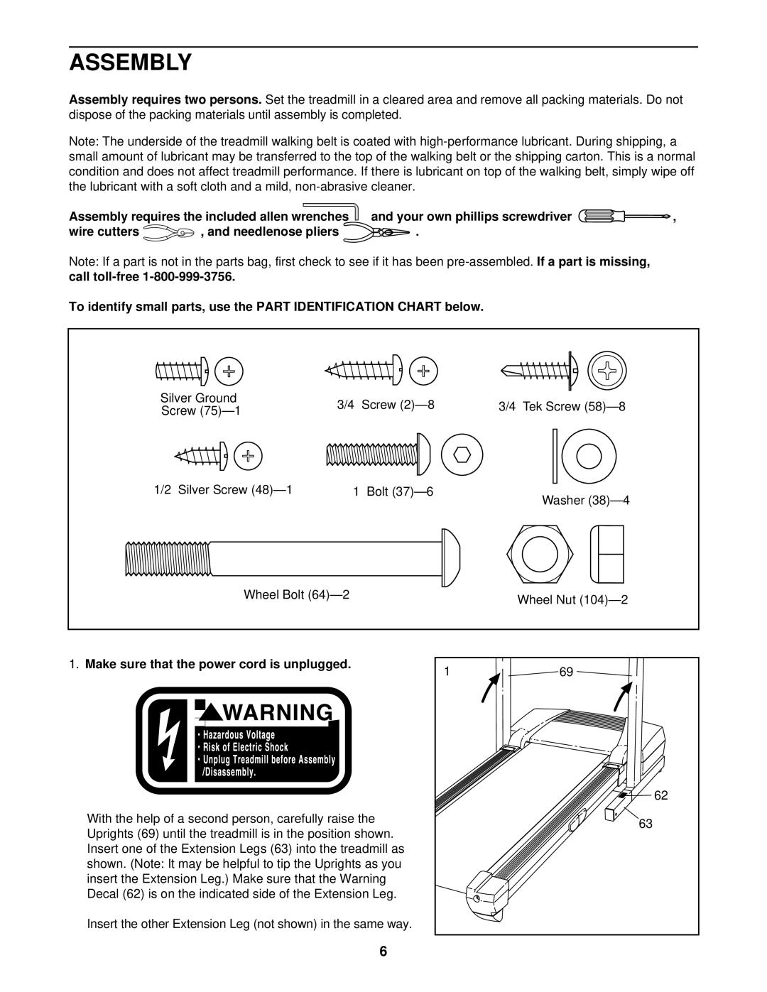 ProForm 831.293330 Assembly requires the included allen wrenches, Make sure that the power cord is unplugged 