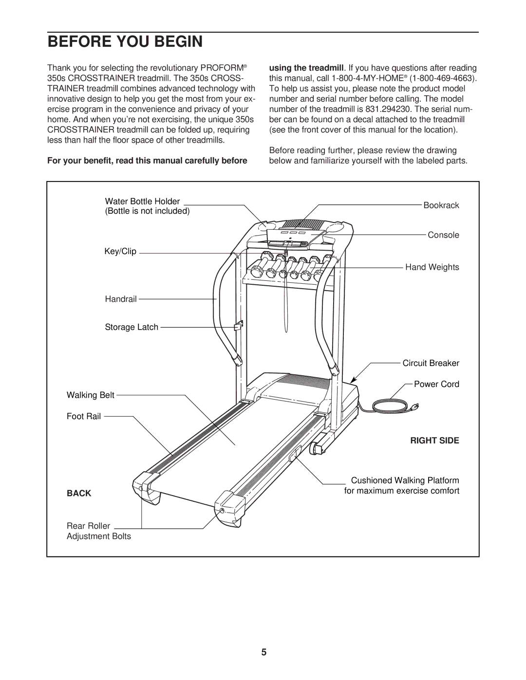 ProForm 831.294230 user manual Before YOU Begin, For your benefit, read this manual carefully before, Right Side, Back 