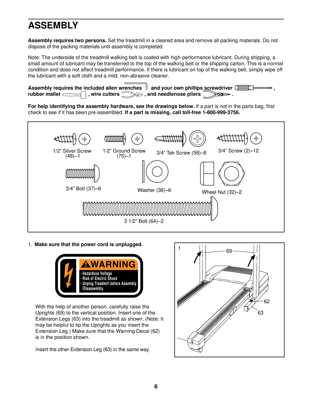 ProForm 831.294230 user manual Assembly, Make sure that the power cord is unplugged 