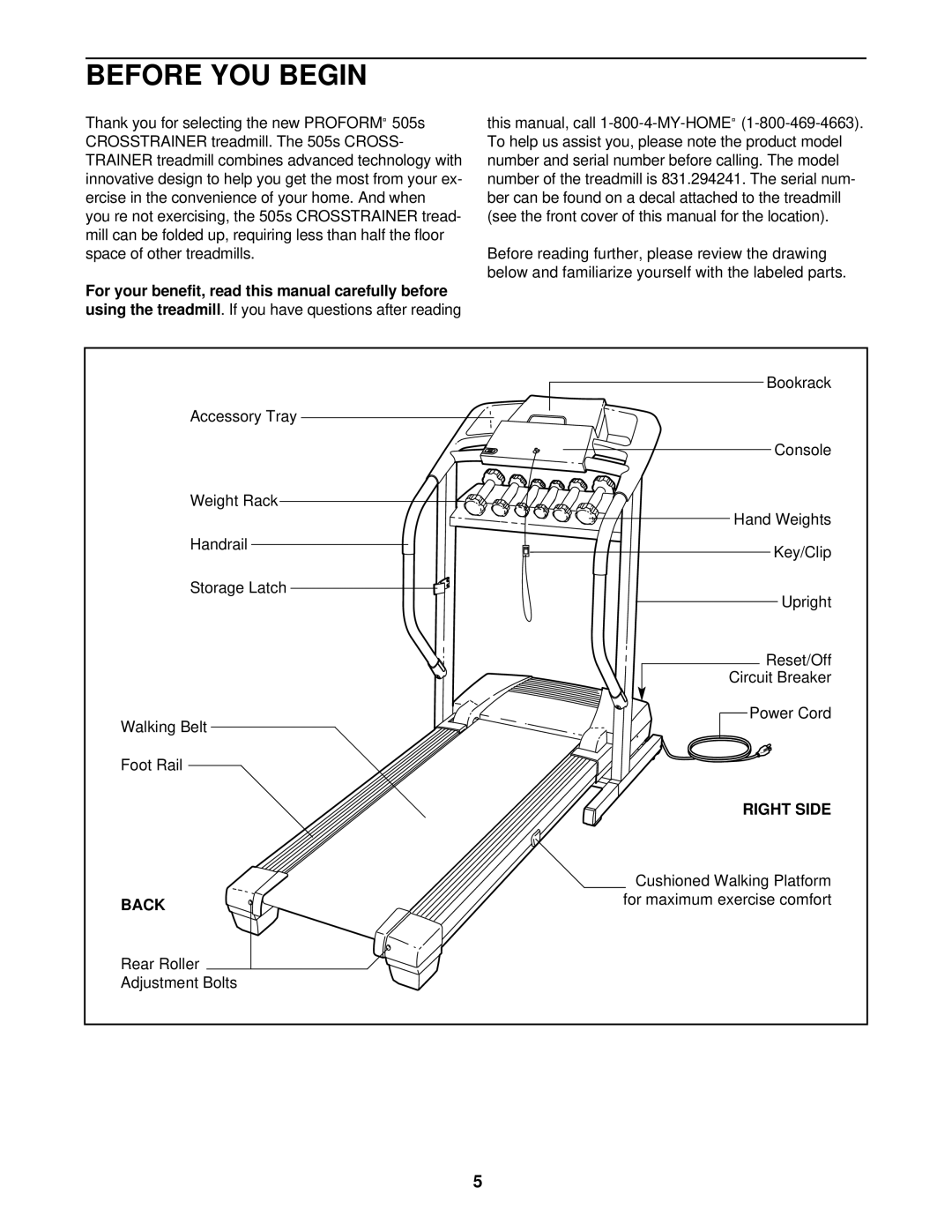 ProForm 831.294241 user manual Before YOU Begin, Right Side, Back 