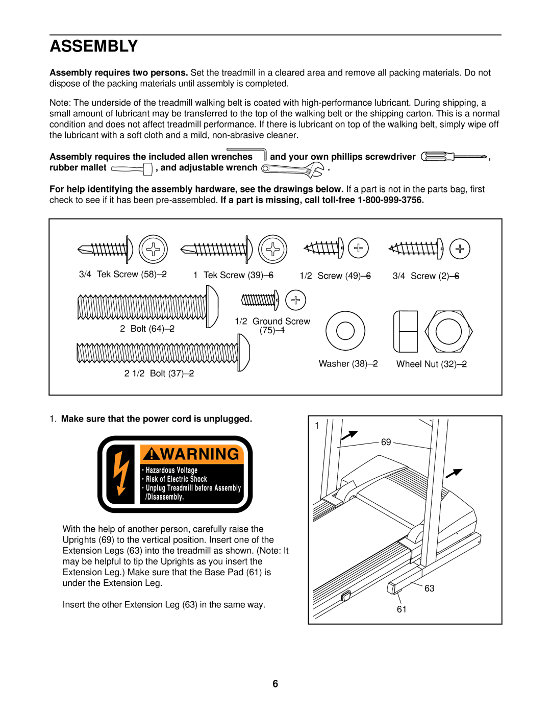 ProForm 831.294241 user manual Assembly, Make sure that the power cord is unplugged 