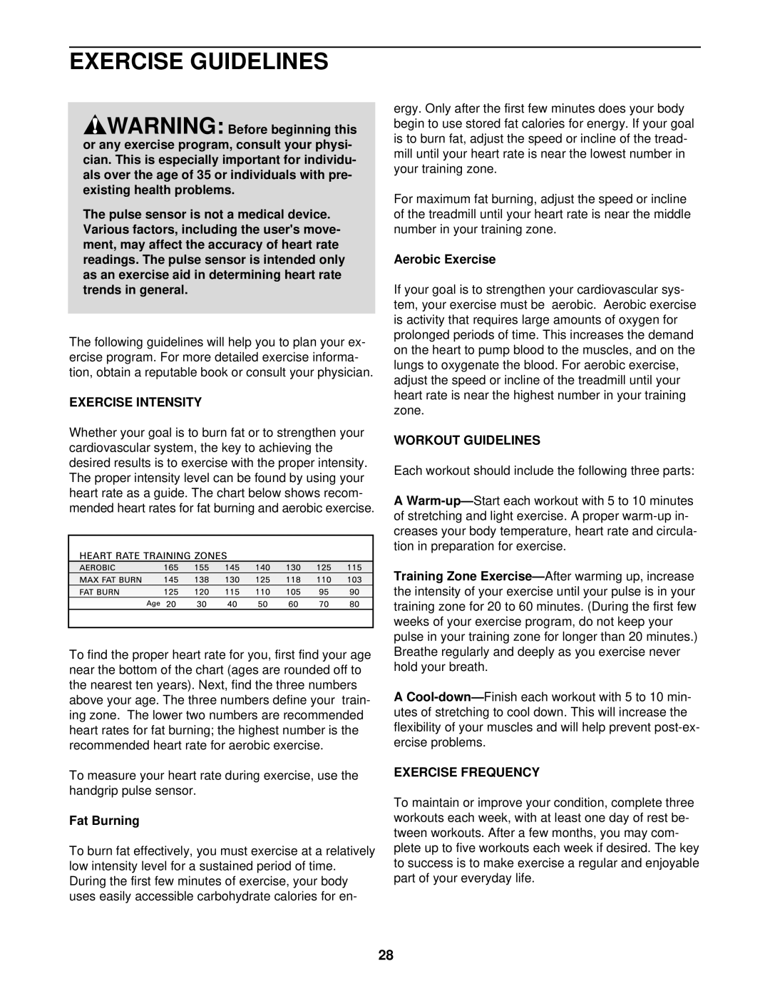 ProForm 831.294250 user manual Exercise Guidelines, Exercise Intensity, Workout Guidelines, Exercise Frequency 