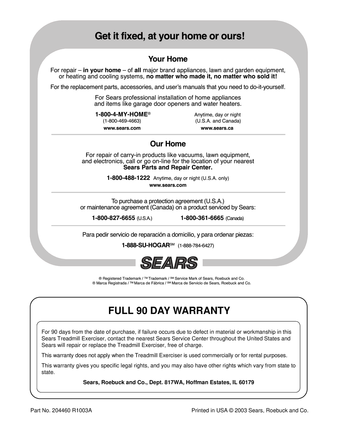 ProForm 831.294250 user manual Full 90 DAY Warranty, Sears, Roebuck and Co., Dept WA, Hoffman Estates, IL 