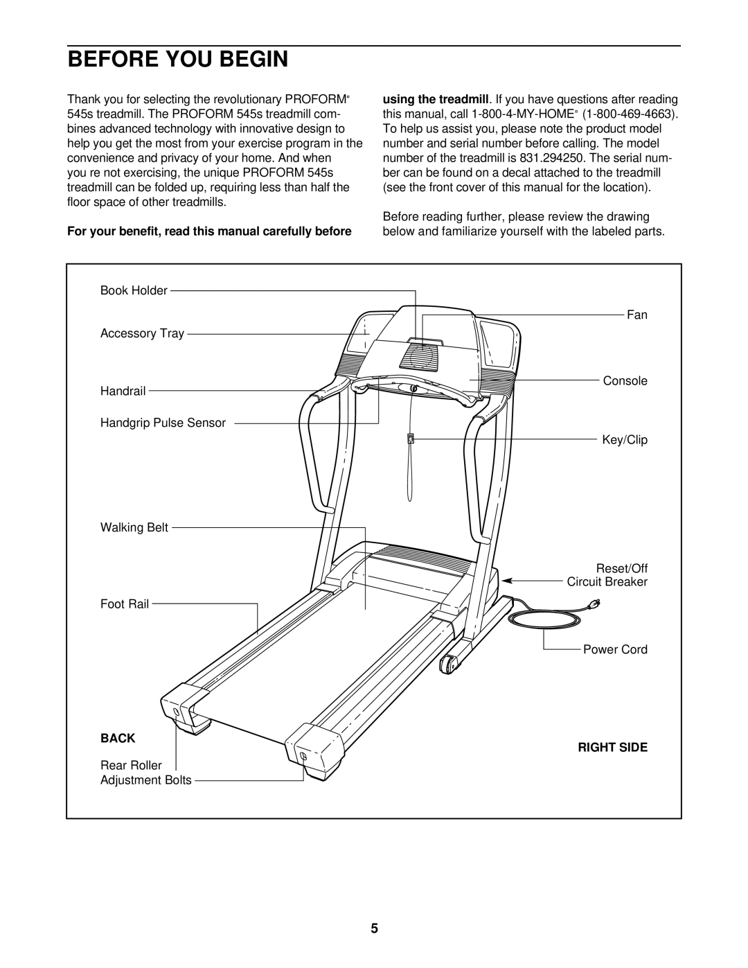 ProForm 831.294250 user manual Before YOU Begin, For your benefit, read this manual carefully before, Back, Right Side 