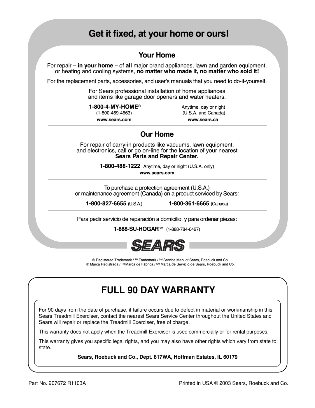 ProForm 831.294251 user manual Full 90 DAY Warranty, Sears, Roebuck and Co., Dept WA, Hoffman Estates, IL 