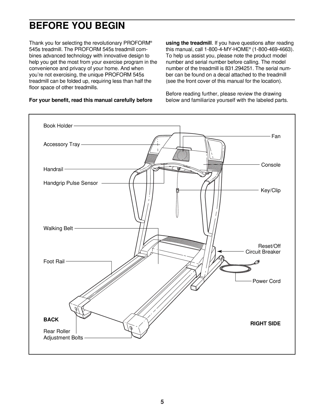 ProForm 831.294251 user manual Before YOU Begin, For your benefit, read this manual carefully before, Back, Right Side 