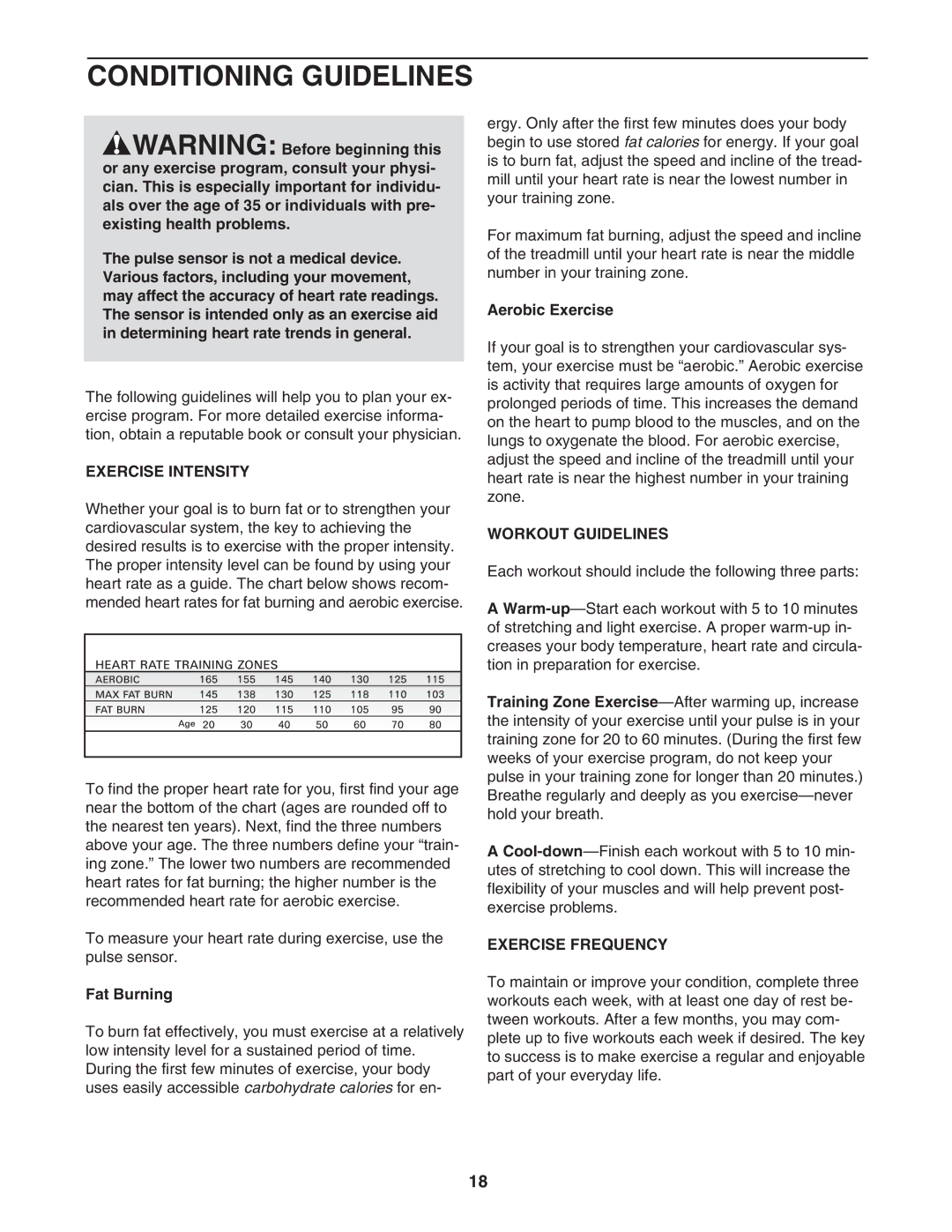 ProForm 831.295030 user manual Conditioning Guidelines, Exercise Intensity, Workout Guidelines, Exercise Frequency 