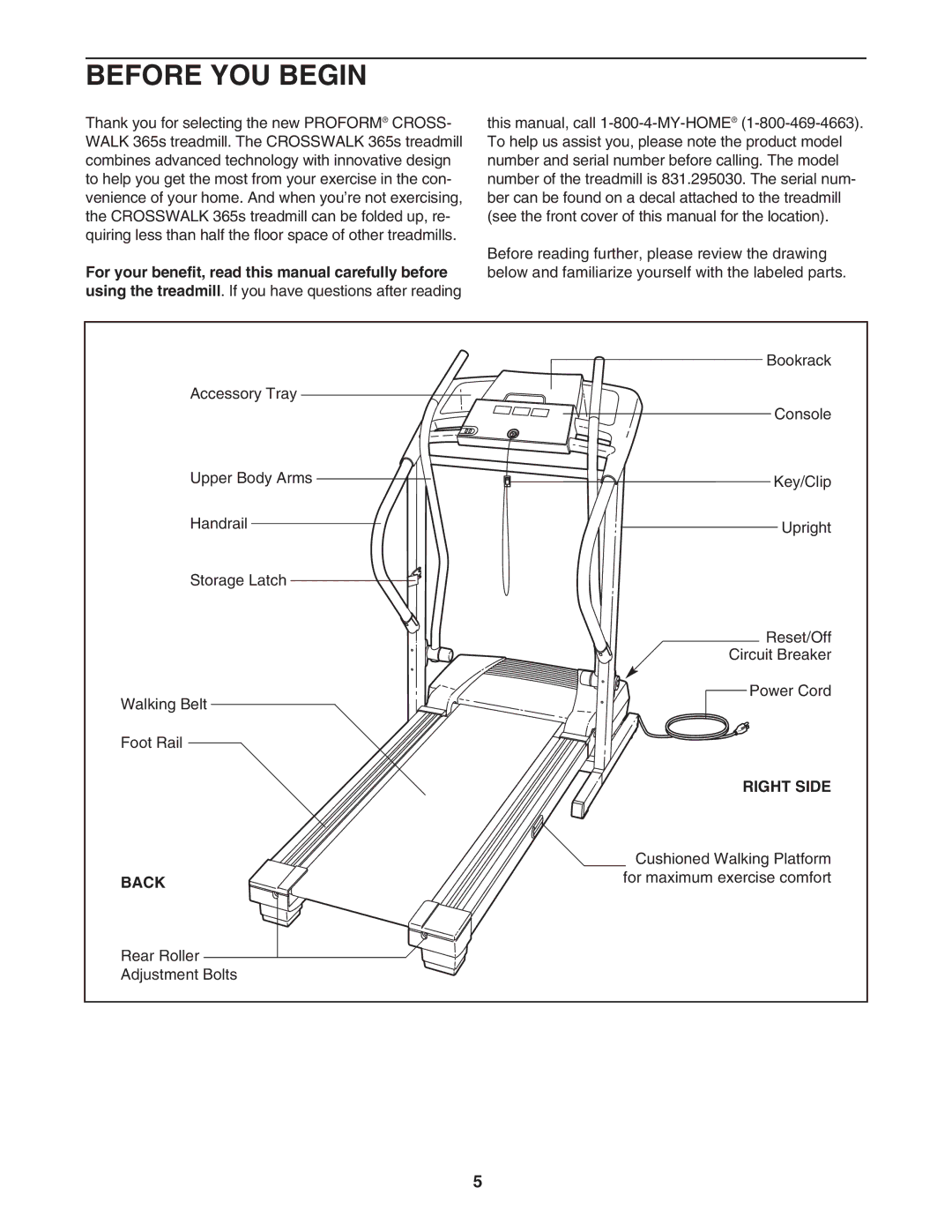 ProForm 831.295030 user manual Before YOU Begin, Right Side, Back 