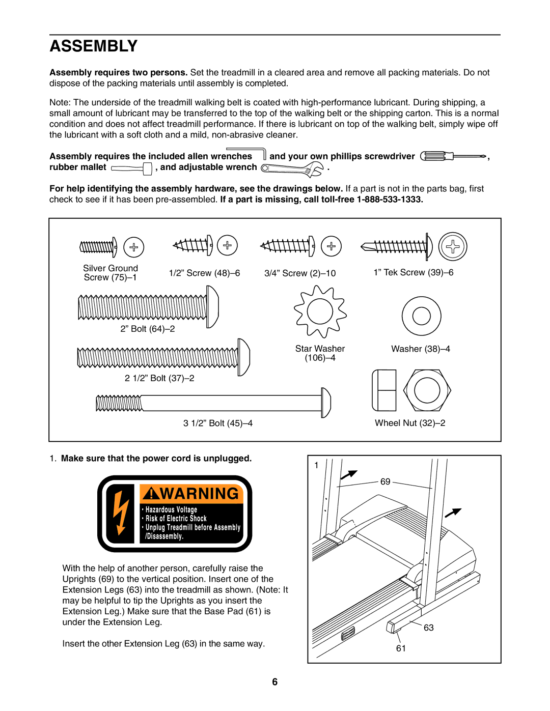 ProForm 831.295030 user manual Assembly, Make sure that the power cord is unplugged 