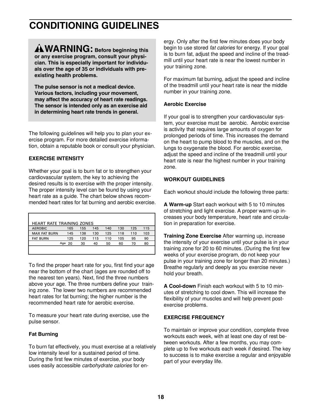 ProForm 831.295031 user manual Conditioning Guidelines, Exercise Intensity, Workout Guidelines, Exercise Frequency 