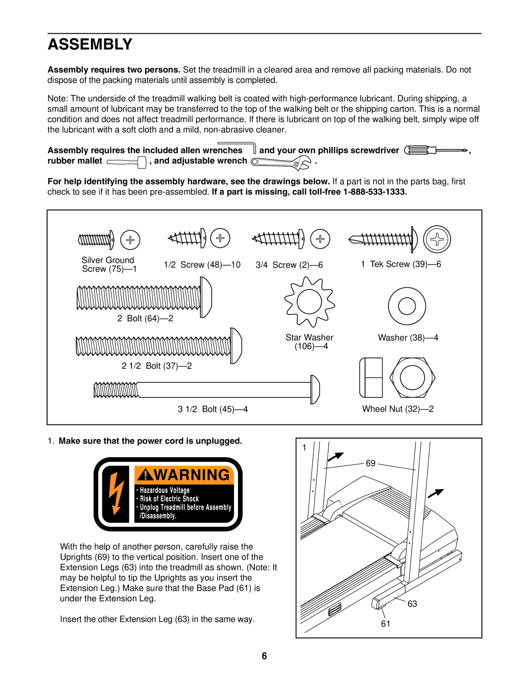 ProForm 831.295031 user manual Assembly, Make sure that the power cord is unplugged 