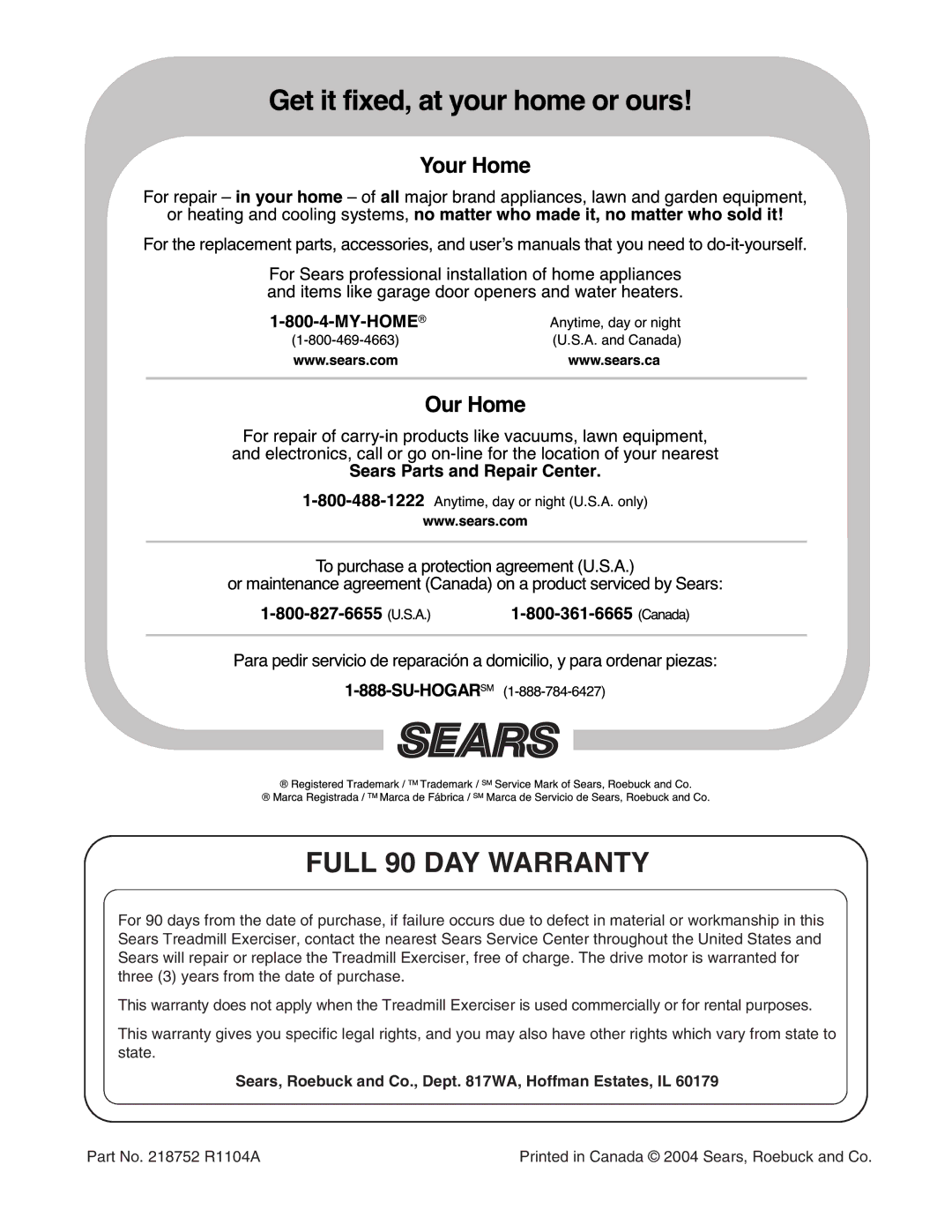 ProForm 831.295032 user manual Full 90 DAY Warranty, Sears, Roebuck and Co., Dept WA, Hoffman Estates, IL 