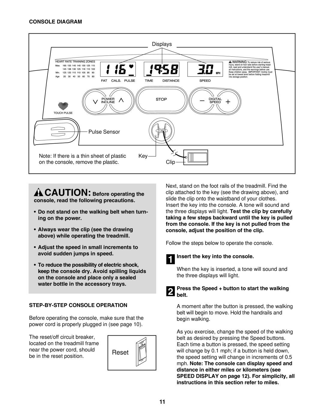 ProForm 831.295033 user manual Console Diagram, STEP-BY-STEP Console Operation, Insert the key into the console 