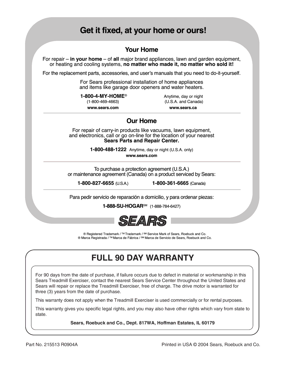 ProForm 831.295040 user manual Full 90 DAY Warranty, Sears, Roebuck and Co., Dept WA, Hoffman Estates, IL 