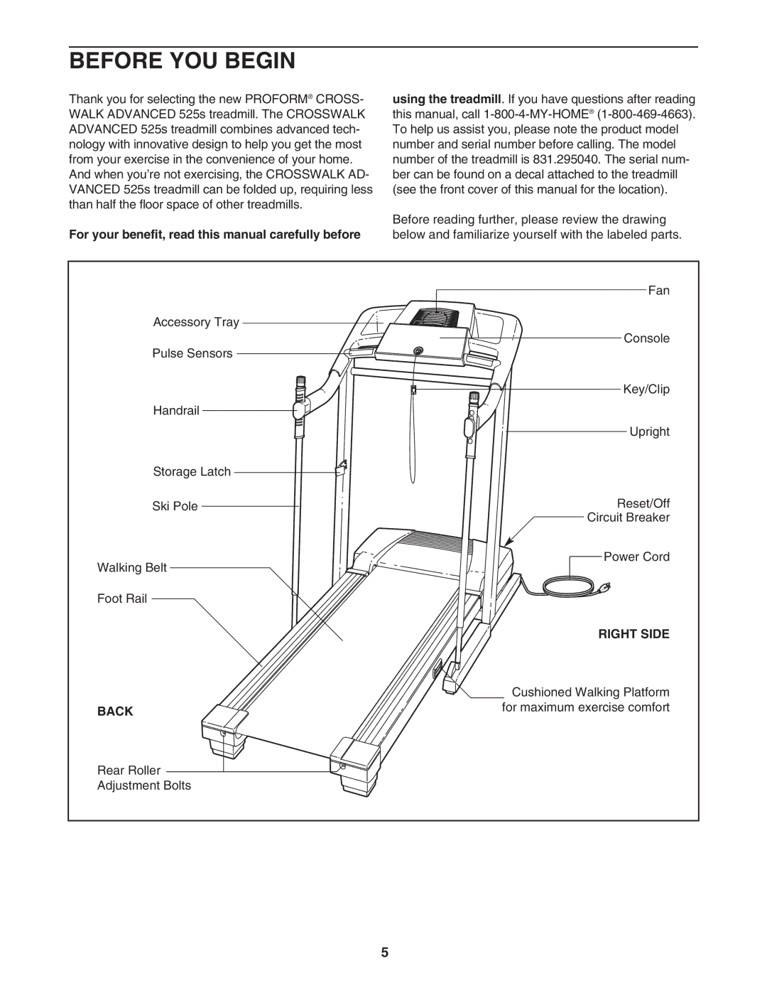 ProForm 831.295040 user manual Before YOU Begin, For your benefit, read this manual carefully before, Right Side, Back 