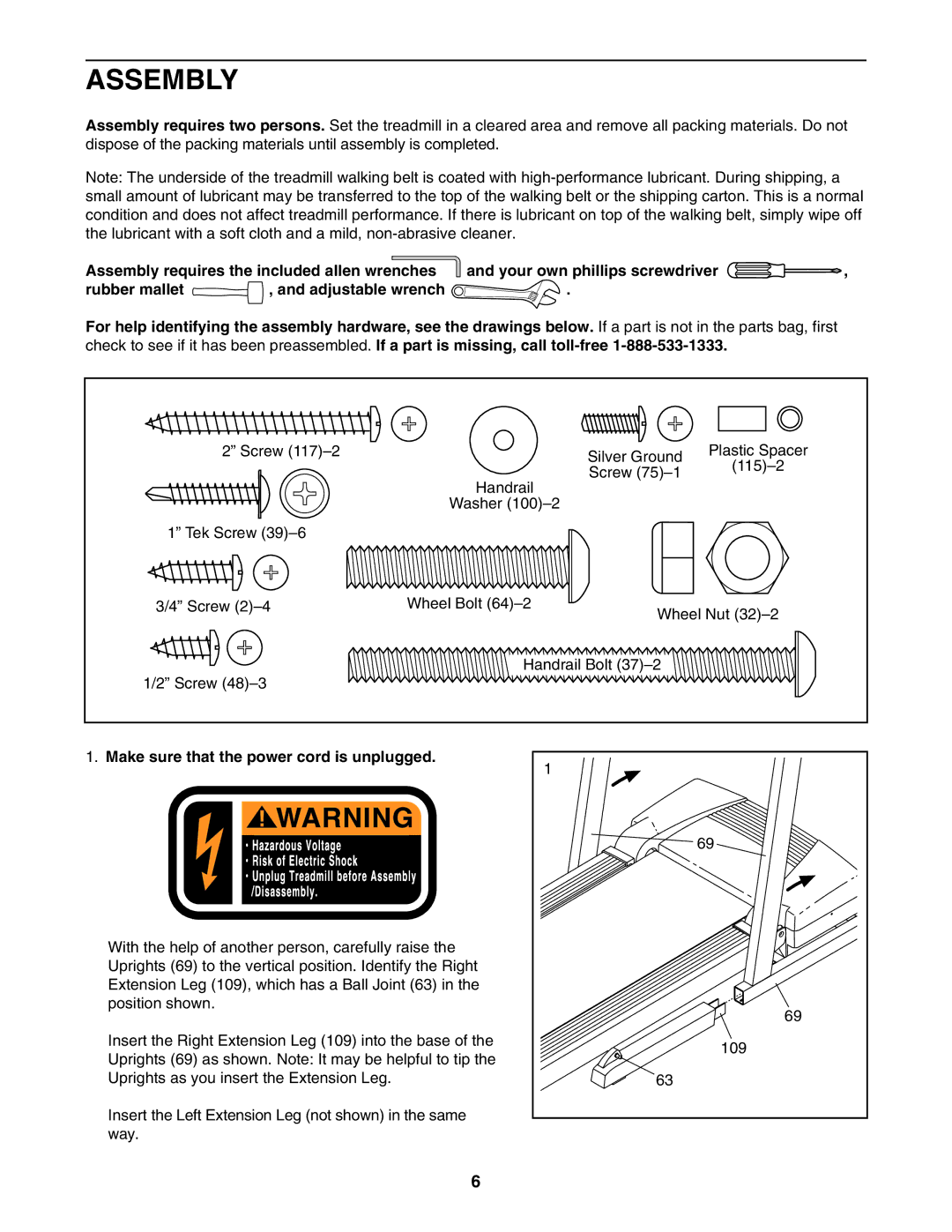 ProForm 831.295040 user manual Assembly, Make sure that the power cord is unplugged 