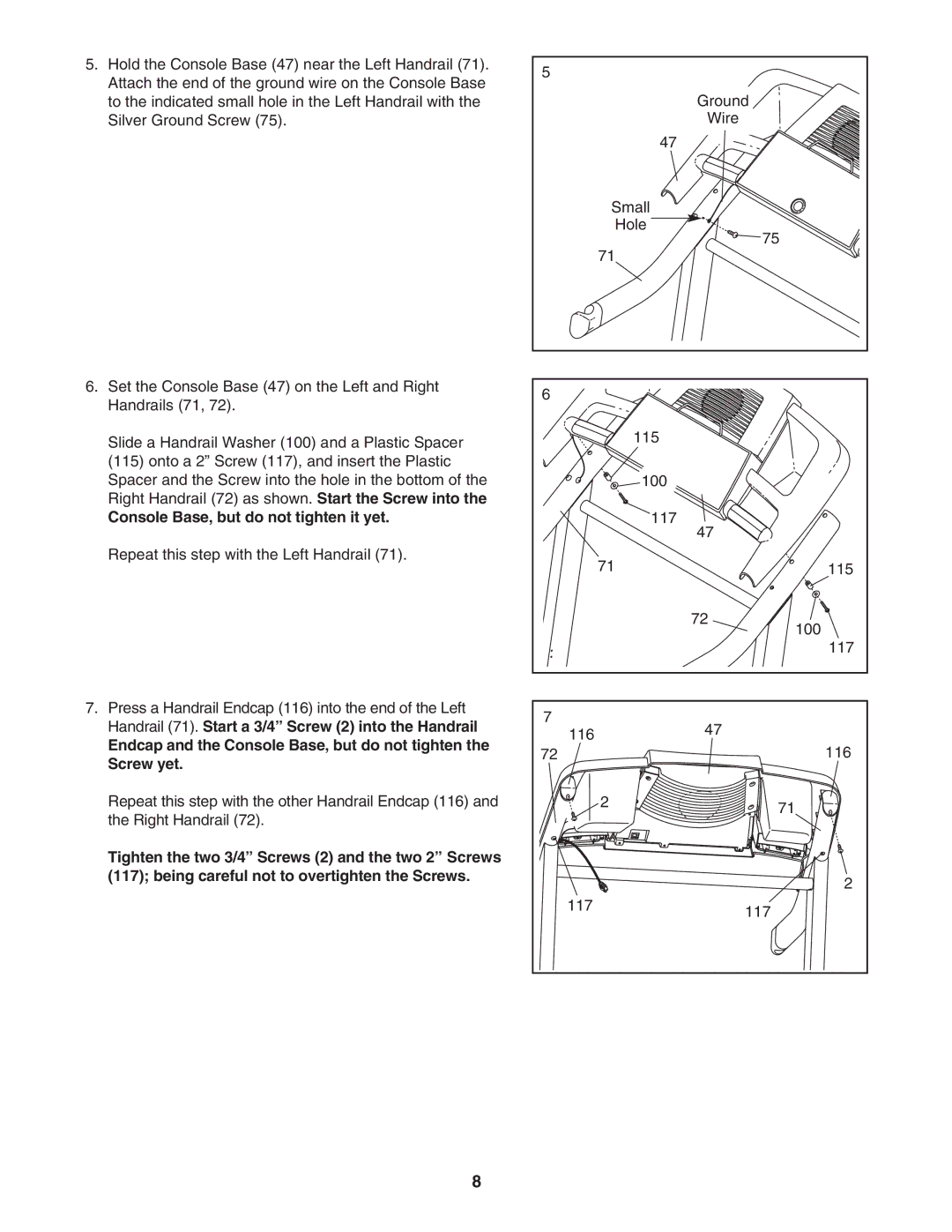 ProForm 831.295040 user manual Console Base, but do not tighten it yet, Repeat this step with the Left Handrail 