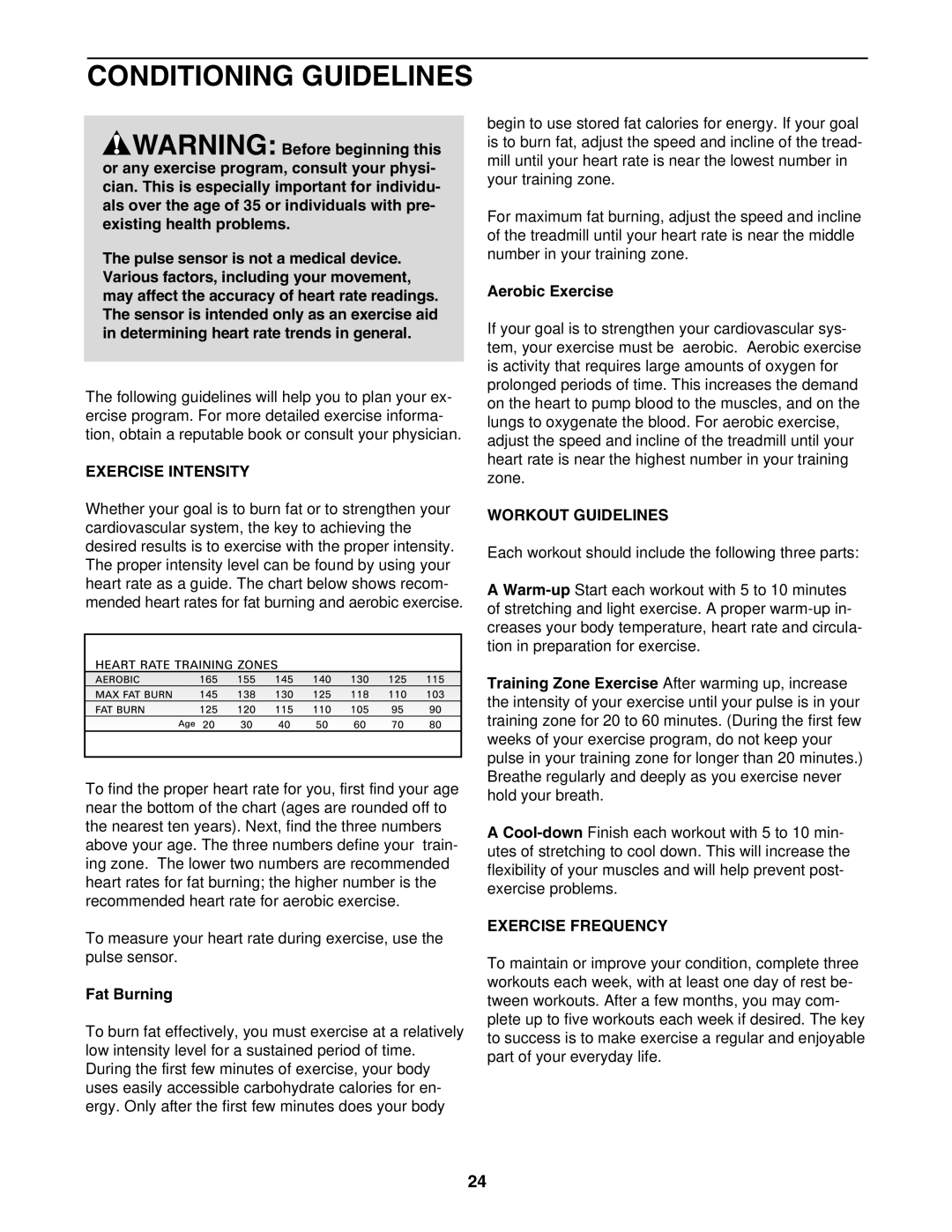 ProForm 831.295050 user manual Conditioning Guidelines, Exercise Intensity, Workout Guidelines, Exercise Frequency 