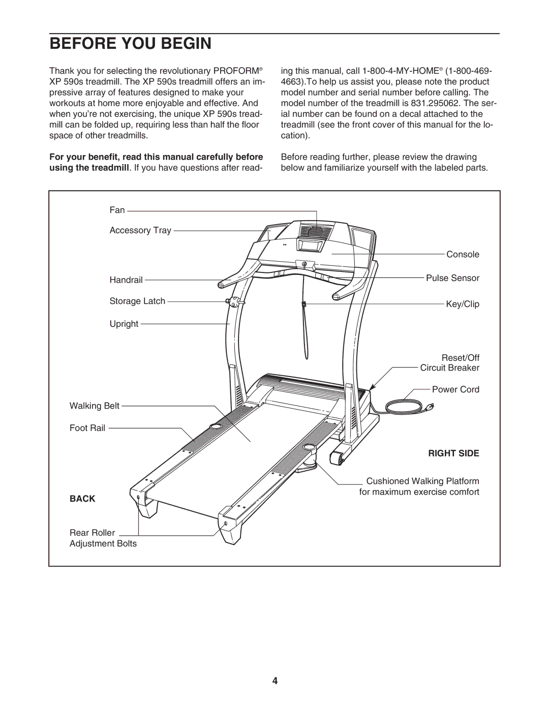 ProForm 831.295062 user manual Before YOU Begin, Right Side, Back 