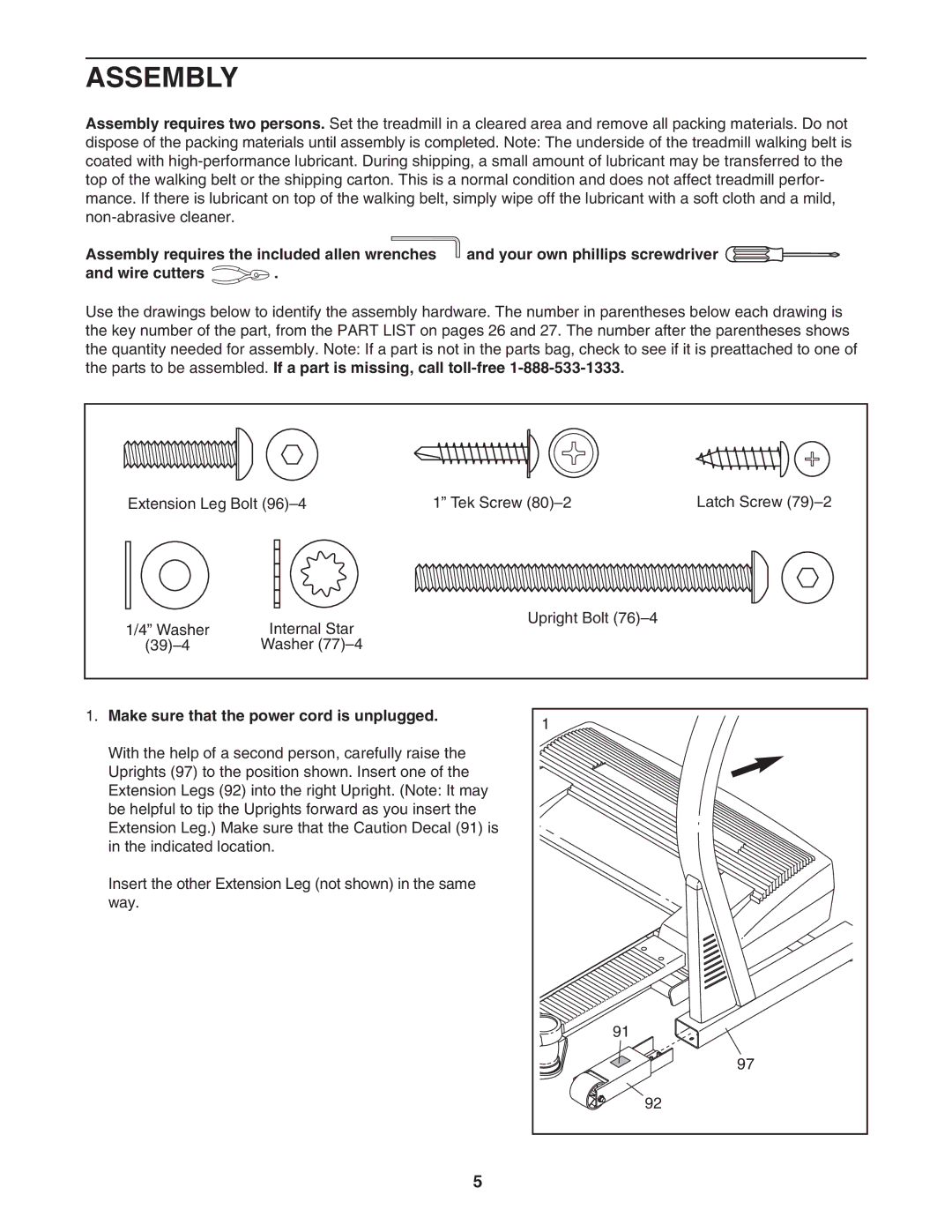 ProForm 831.295062 user manual Assembly, Make sure that the power cord is unplugged 