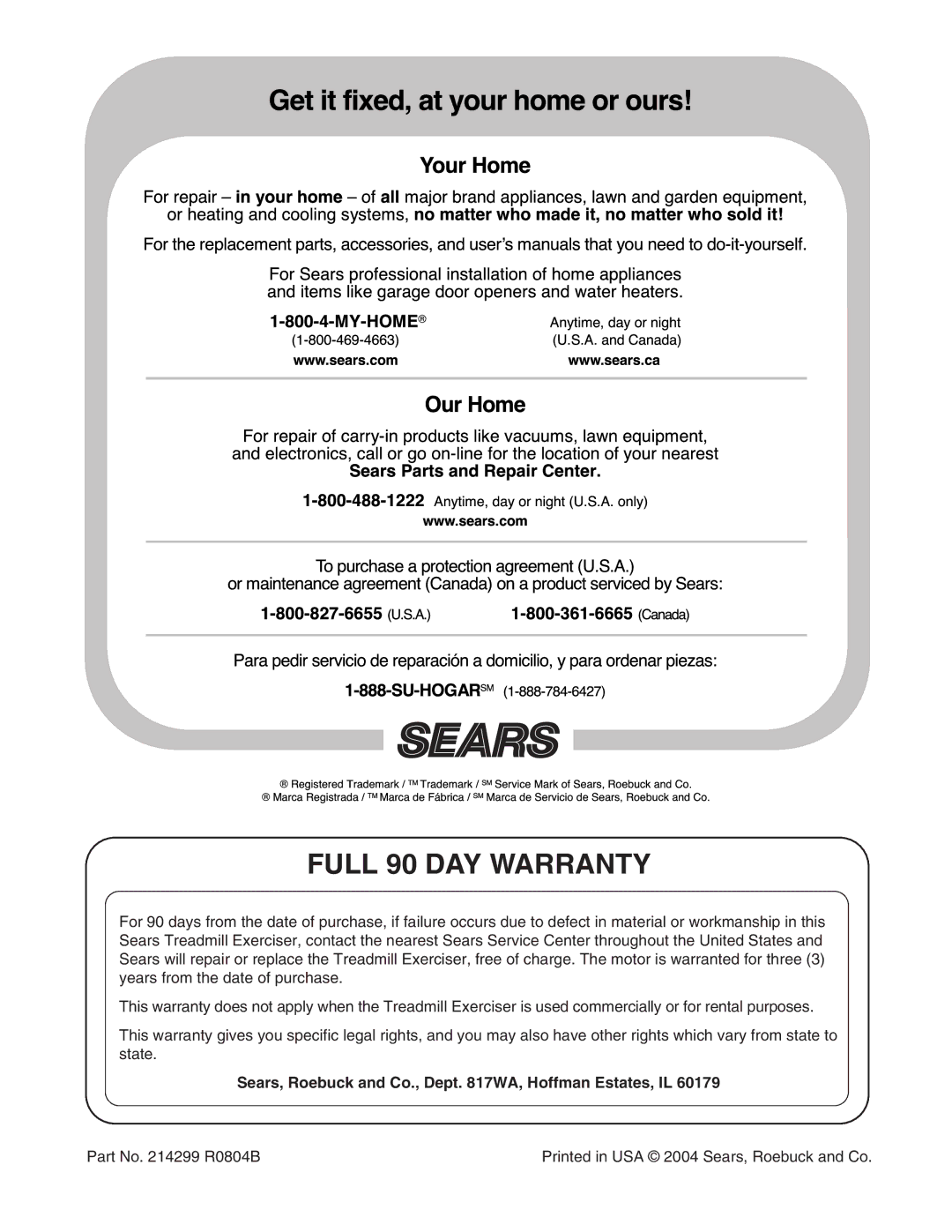 ProForm 831.295230 user manual Full 90 DAY Warranty, Sears, Roebuck and Co., Dept WA, Hoffman Estates, IL 